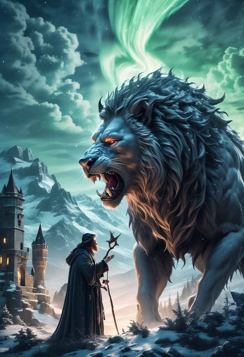 (long shot ) of mysterious sorcerer taming a wild beast, detailed face, located in a magical scene at a ancient castle during dawn with magical aurora weather, illuminated by moonlight, creating a heroic enchanting atmosphere, detailed face, ,Masterpiece,best quality, photo, realistic, very aesthetic