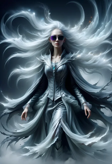 hyper detailed masterpiece, dynamic realistic digital art, awesome quality, transluscent ethereal otherworldly unnatural nebulous incorporeal phantasmal nebulous vaporous phantasmal ghostly soul specter, long flowing silver hair,pale white lucid skin, fantasy, grayish tattered gown, hands with claws,dim eyes, mourning expression,eerie, stygical, floating, gliding, omen of death,  plasma skirt, cybernetic aura texture    lemonzest augmented reality gaucho pants, augmented leather cowboy boots,  carbon-fiber sunglasses ,, dissolving into mist, screaming in agony <lora:DonMB4nsh33XL-v1.1-000004:0.8>