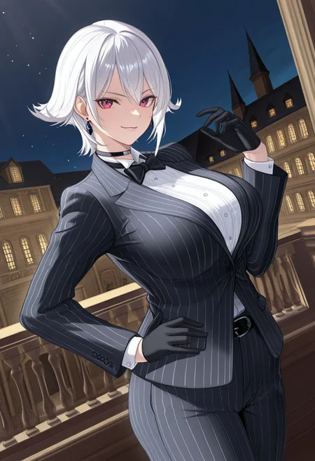 (score_9, score_8_up:1.1), score_7_up, (masterpiece:1.2), (best quality:1.3), amazing quality, very aesthetic, best aesthetic, highres, absurdres, HD, 4k, shading, newest, perfect composition, intricate details, detailed face and eyes, cel-shaded, sharp lines, Beautiful background, color vibration, shiny effect, shiny, smooth detail, scenery, alternate costume, 1girl, solo, female focus, Christie, white hair, short hair, flipped hairstyle, flipped hair, earrings, choker, bow, bowtie, formal, suit, pinstripe suit, blouse, black jacket, gloves, pants, belt, shoes, toned, toned body, large breasts, confident, smirk, beautiful, looking at viewer, dynamic pose, standing, cowboy shot, dutch angle, masterful composition, dynamic movement, sidelighting, light particles, outside, mansion, manor, night, regal, Royal, balcony, edgy, manga, anime, hand on hip, one hand up, dramatic shadows,