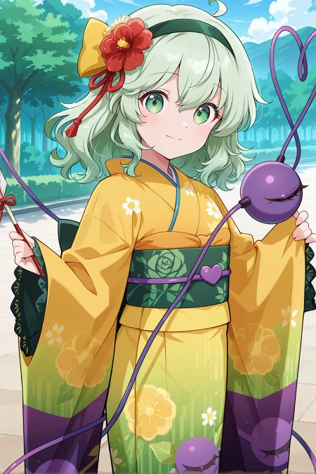 absurdres, highres, masterpiece, best quality, amazing quality, official anime artwork, screencap, anime screencap, outdoors, looking at viewer, light smile, dynamic pose, standing,
<lora:Komeiji-Koishi_IllustriousV2:1> komeiji koishi, 1girl, solo, green eyes, green hair, medium hair, third eye, heart of string,, komeiji koishi \(praying for friends and family\), alternate costume, green hairband, hair ribbon, red ribbon, hair bow, yellow bow, hair flower, eyeball print, floral print kimono, furisode, gradient kimono, yellow kimono, green kimono, long sleeves, wide sleeves, lace-trimmed sleeves, green obi, yellow obiage, purple obijime, sash, yukata, holding arrow,