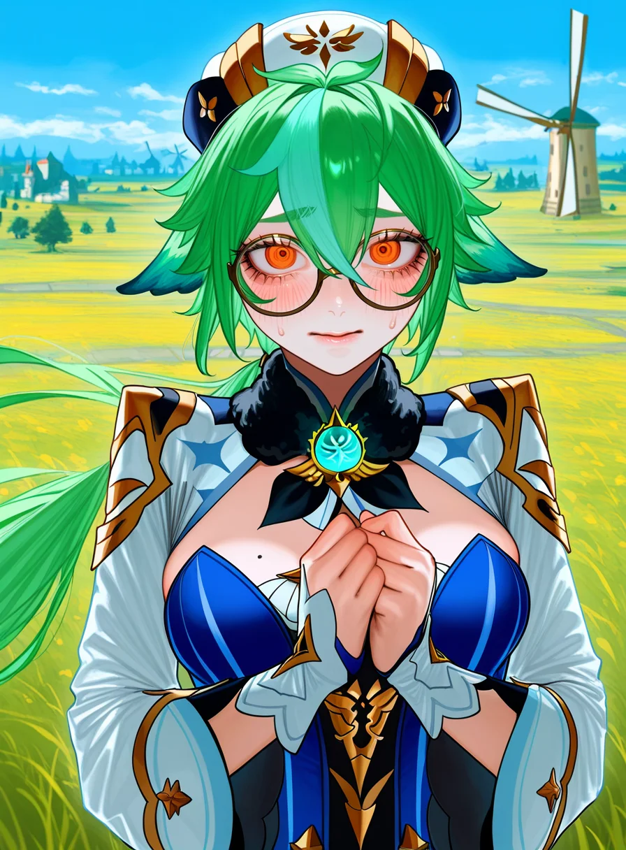 masterpiece, best quality, very aesthetic,gloss,uncensored, genshin impact, mondstadt city, fantasy, outdoors, wind, windmill,
BREAK
sucrose_(genshin_impact), genshin_impact, 1girl, green_hair, orange_eyes, looking at viewer, nervous, blush, own hands together, blue shirt, white sleeves, round eyewear,hat,
<lora:Au_(D_Elete)-ill-Fandingo:1>