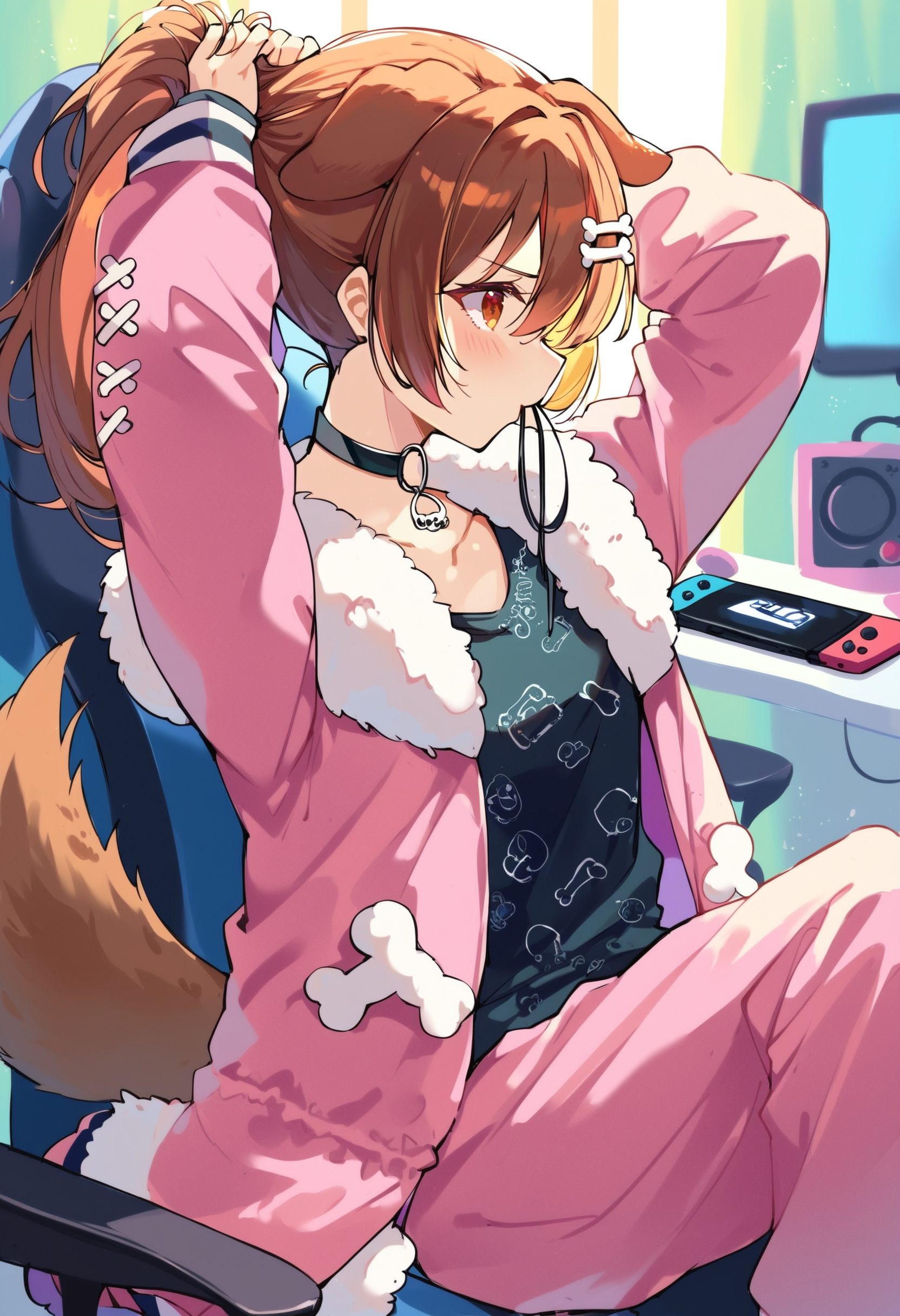 score_9, score_8_up, score_7_up, score_6_up, source anime,
<lora:inugami_korone_v1:1>  1girl, bone hair ornament, solo, dog girl, dog tail, hair between eyes,
inugami korone casual, official alternate costume, pink jacket, black shirt, o-ring choker, long sleeves, fur trim, ponytail, 
collarbone, open clothes,
arms up, tying hair, profile, mouth hold, hair tie in mouth, blush,
indoors, gaming chair, nintendo switch, handheld game console, sitting
