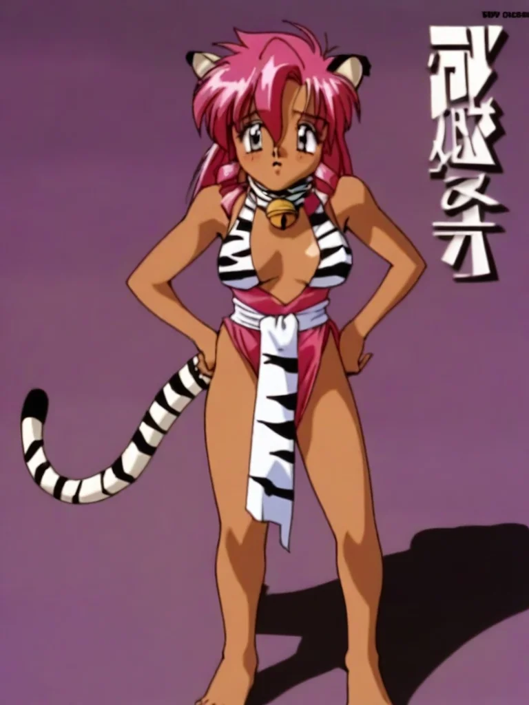 masterpiece, best quality, very aesthetic, absurdres, 1girl, Pink_PonyXL, sleeveless dress, white tiger print, white tiger tail, neck bell, red waist sash, oldest, barefoot, 1990s \(style\), retro artstyle, (text saying "Dragon Pink", logo, dvd cover), standing, <lora:PinkXL-v1:1>