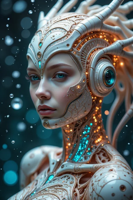 8k portrait of beautiful biomorphic full body stunning white porcelain cyborg with metallic hair in transparent brocade underbust corsage with lustful presence, (((holding a photo camera))), smiling, under water, intricate, elegant, highly detailed, majestic, broken glass, (masterpiece, sidelighting, finely detailed beautiful teal eyes: 1.3), hdr, photorealism, bokeh, neon elements, biomechanical interface. Intrincated detailed skin, futuristic, utopian, machine parts, body parts, wires, circuits, highly detailed, cinematic, look from above, hauntingly surreal, highly detailed and intricate, rich deep colors, intricate, masterpiece, golden ratio, intricate, epic, sweet, beautiful face, perfect eyes, perfect proportions