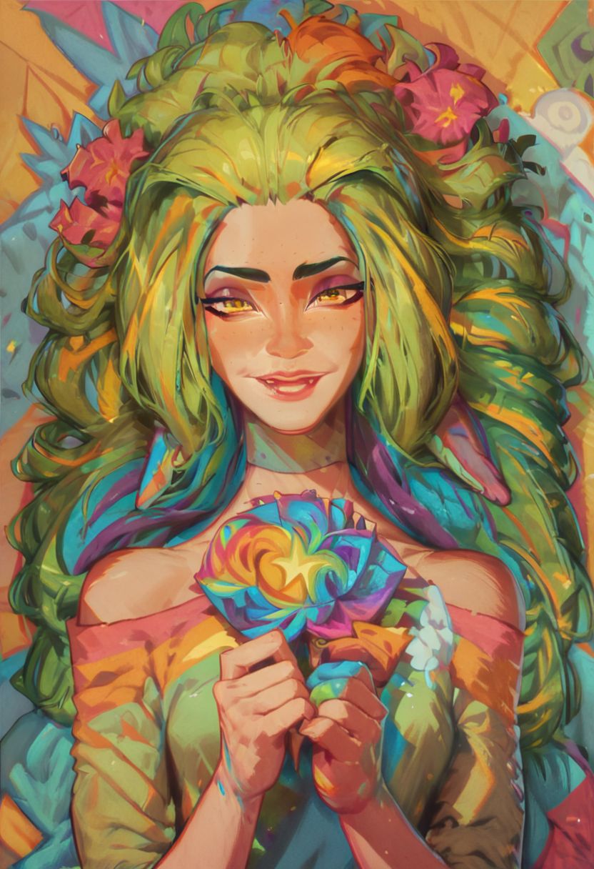 score_9, score_8_up, score_8, 1girl, smooth, highly detailed, green hair, perfect, high quality, yellow eyes, rainbow style, vibrant colors, vivid colors,