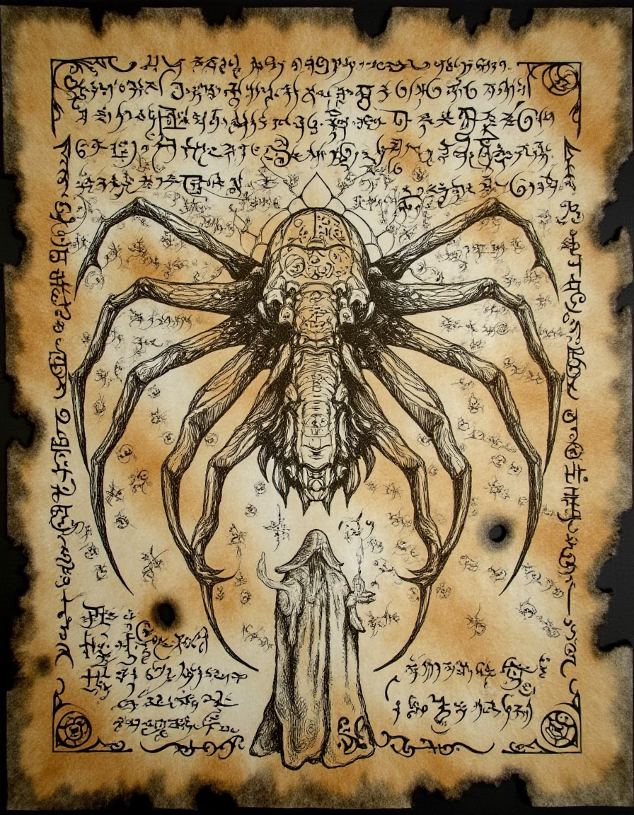 <lora:the_forbidden_book_v10_1500:1>, ncrnmcn, An ancient manuscript displays a giant spider with a body covered in rune-like patterns. Its legs extend outward, reaching the edges of the page as if trapping the scene within its web. At the top and center of the page "The Forbidden Book" in a large runic font. Below the spider, a figure draped in a robe holds a candle, casting shadows across the page. The border is filled with interwoven web designs and symbols associated with darkness and mystery. The aged paper has small tears and spots, giving it the appearance of an artifact that has endured centuries.  "Version 1.0" and "by Dark Infinity" appear in smaller font at the bottom of the image.