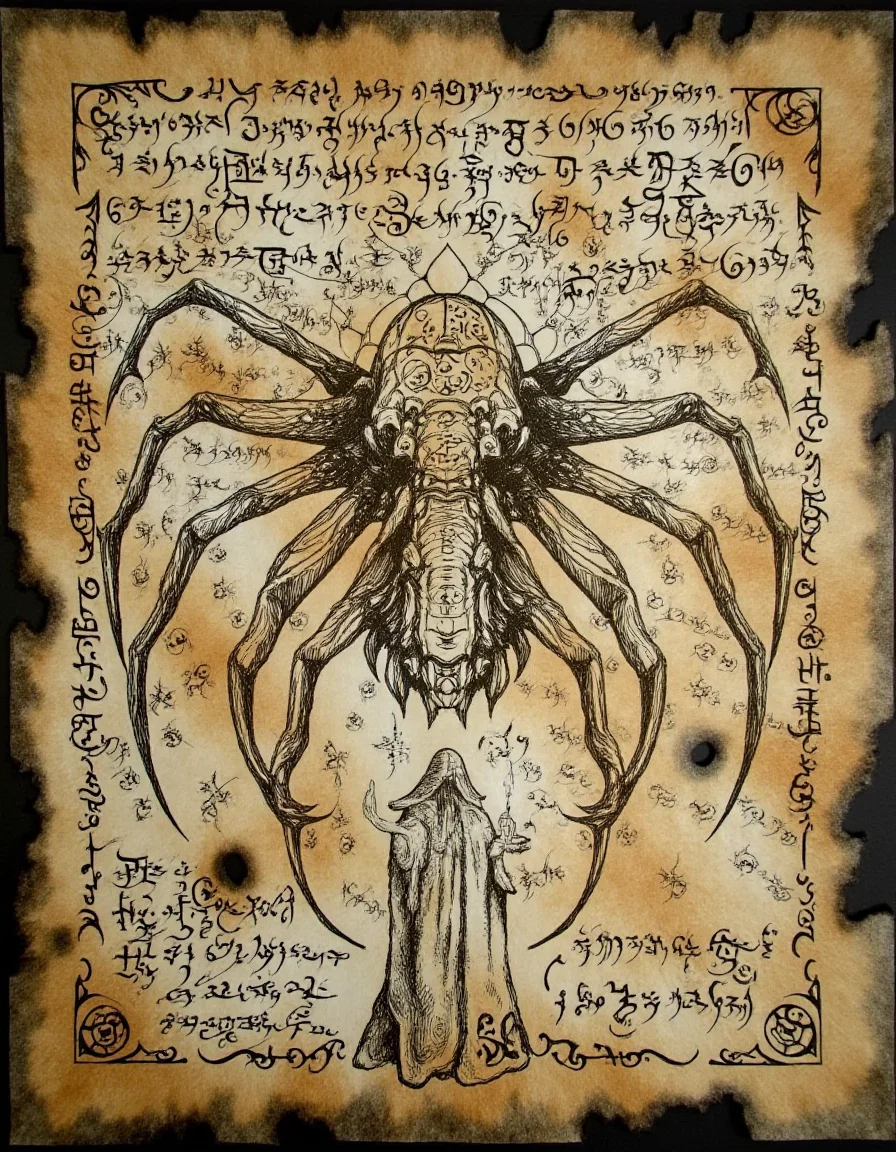 <lora:the_forbidden_book_v10_1500:1>, ncrnmcn, An ancient manuscript displays a giant spider with a body covered in rune-like patterns. Its legs extend outward, reaching the edges of the page as if trapping the scene within its web. At the top and center of the page "The Forbidden Book" in a large runic font. Below the spider, a figure draped in a robe holds a candle, casting shadows across the page. The border is filled with interwoven web designs and symbols associated with darkness and mystery. The aged paper has small tears and spots, giving it the appearance of an artifact that has endured centuries.  "Version 1.0" and "by Dark Infinity" appear in smaller font at the bottom of the image.
