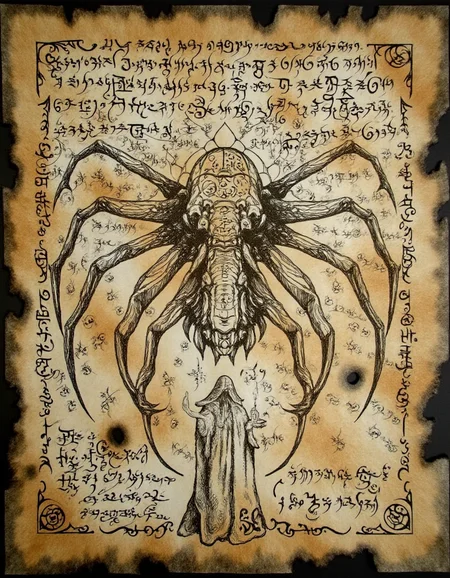 <lora:the_forbidden_book_v10_1500:1>, ncrnmcn, An ancient manuscript displays a giant spider with a body covered in rune-like patterns. Its legs extend outward, reaching the edges of the page as if trapping the scene within its web. At the top and center of the page "The Forbidden Book" in a large runic font. Below the spider, a figure draped in a robe holds a candle, casting shadows across the page. The border is filled with interwoven web designs and symbols associated with darkness and mystery. The aged paper has small tears and spots, giving it the appearance of an artifact that has endured centuries. "Version 1.0" and "by Dark Infinity" appear in smaller font at the bottom of the image.