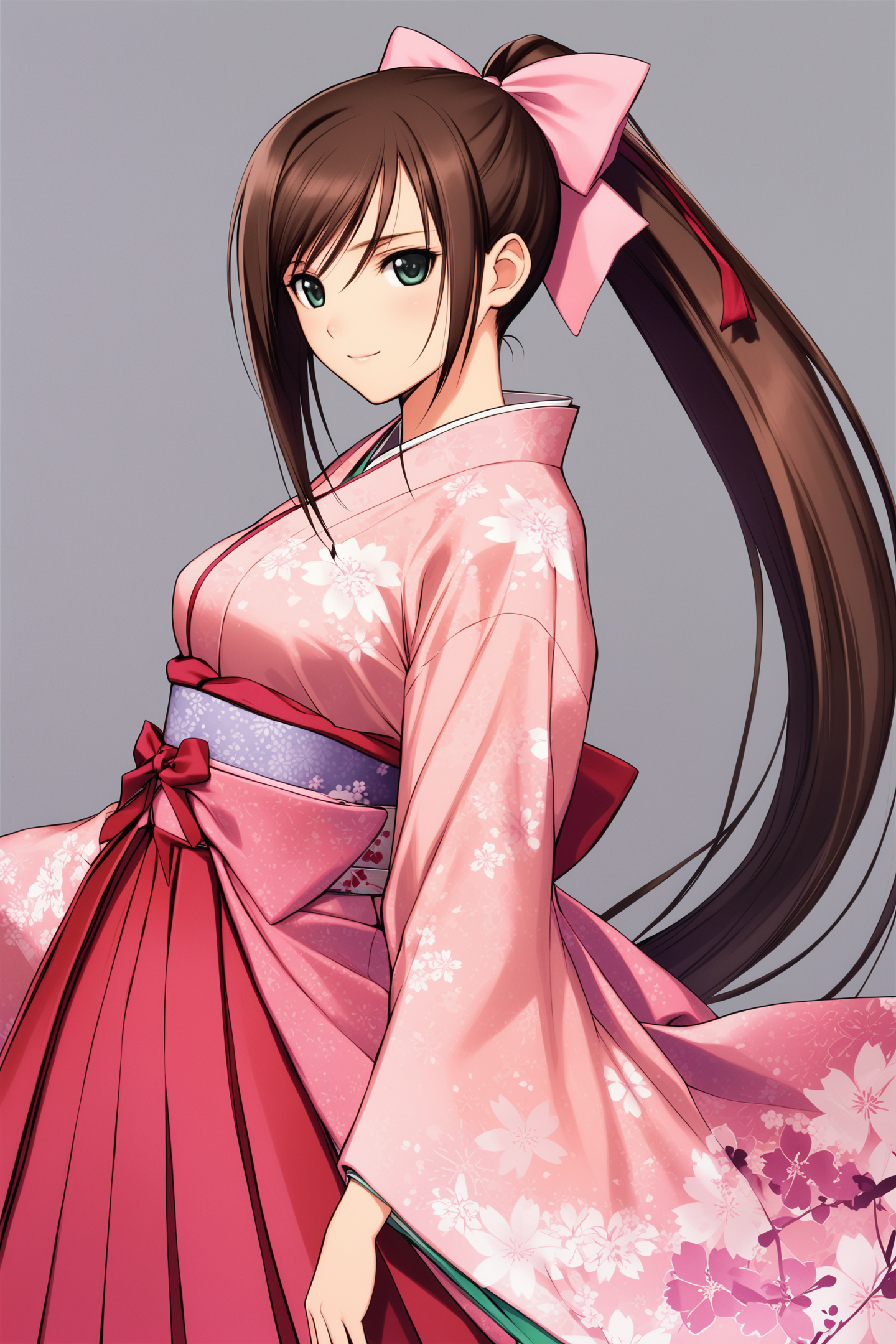 Sakuya,1girl,japanese clothes,solo,long hair,ponytail,brown hair,kimono,skirt,simple background,smile,hakama,bow,hakama skirt,looking at viewer,hair bow,wide sleeves,ribbon,white background,bangs,pink kimono,floral print,long sleeves,very long hair,medium breasts,
<lora:tony_XL_V2:0.8>,