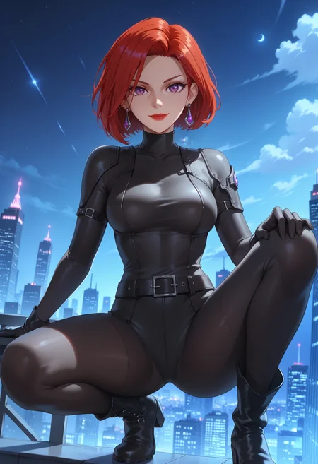score_9, score_8_up, score_7_up, <lora:MBHongBi_epoch_10:0.9>, MBHongBi, 1girl, solo, red hair, short hair, purple eyes, earrings, lipstick, breasts,
black bodysuit, black gloves, belt,
black boots,
looking at viewer, on one knee, evil smile, from below, dutch angle, closed mouth,
BREAK night sky, rooftop, cityscape,