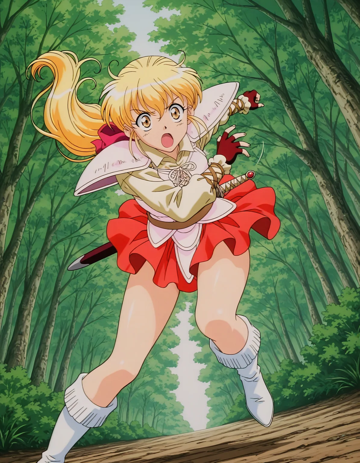 anime artwork <lora:Hyper-SDXL-8steps-lora:1>,(caption:-1.5), (text:-1.5),(logo:-1.5),(key:-1.5),
(magazine:-1.5)
masterpiece,best quality,highres,source_anime,anime screencap,anime coloring,megami magazine,sidelighting,shiny luminous,shiny skin,
<lora:fql_pastel_IL:1>
fql_pastel, long hair,blonde hair,yellow eyes,ponytail,
boots,fingerless gloves,gloves,long sleeves,bow, armor, shoulder armor,pauldrons, ,boots, thick thighs,
,skirt,miniskirt,red skirt,
(solo:1.5),outdoors, forest,
holding sword, glaring, sword, open mouth, battle scene,(sword on viewer:1.5), dynamic pose, dynamic angle,
two-handed, wind lift,sheath, (motion lines:1.5),
. anime style, key visual, vibrant, studio anime, highly detailed