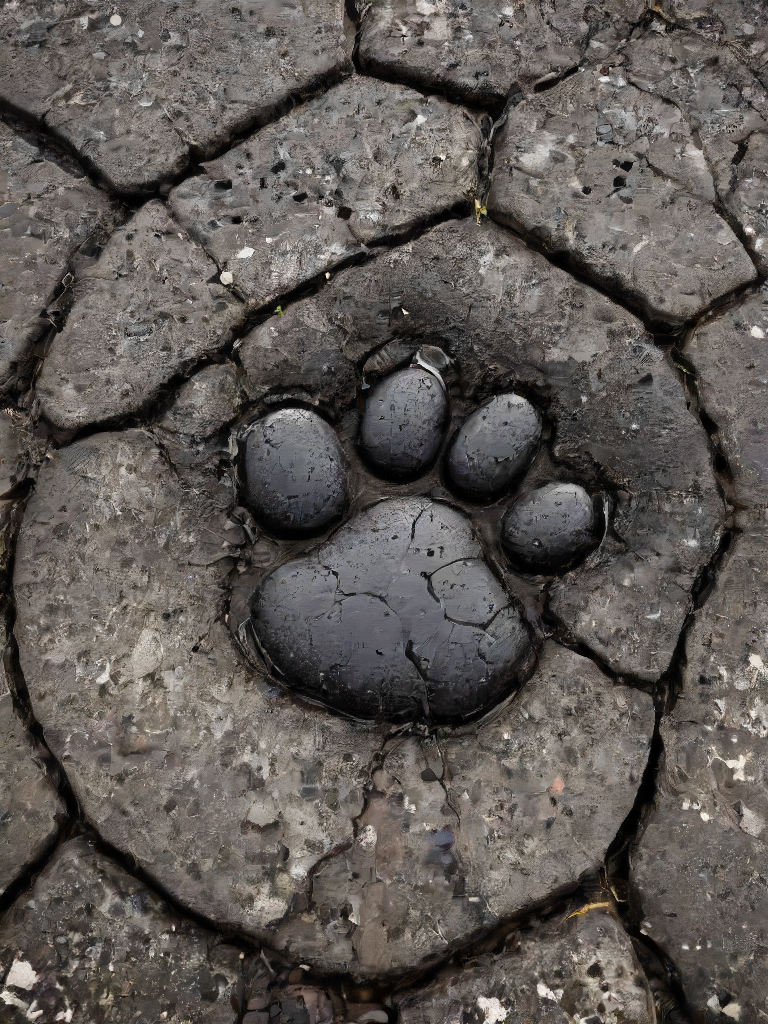 a (paw shaped:1.1) black pothole with cracks and pebbles , <lora:- SDXL - blk_weathered_asp_V1.0:.8>