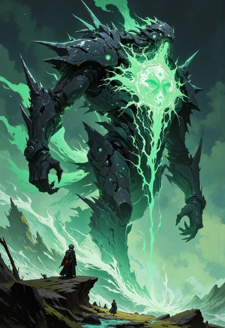 high quality, cyber arm, cybernetic arm, cyber limb, scifi, fantasy, masterpiece, best quality, great composition, The Revenant is a spectral, humanoid creature that appears ghostly and otherworldly. Its form hovers above the ground, giving it an ethereal and unsettling presence. The body is semi-transparent, with sharp, jagged features that make it look both menacing and unnatural. Its face is obscured, often appearing as a shadowy void or with glowing eyes that pierce through the darkness. The Revenant’s arms are elongated and end in claw-like appendages, giving it a sinister, predatory look. Its lower body fades into a swirling mist, emphasizing its incorporeal nature. It moves fluidly, as though gliding effortlessly, and its presence is often accompanied by an eerie glow or shimmering aura. When attacking, the Revenant strikes swiftly and leaves an otherworldly impression, making it feel like an unstoppable force. Its spectral design and unnerving movement make it a haunting and unforgettable entity. <lora:FLUX\FLUX-daubrez-DB4RZ:0.3> <lora:FLUX\ArcaneFGTNR:0.5> <lora:FLUX\VividlySurrealApex:0.6> <lora:FLUX\Anime v1.3:0.5>