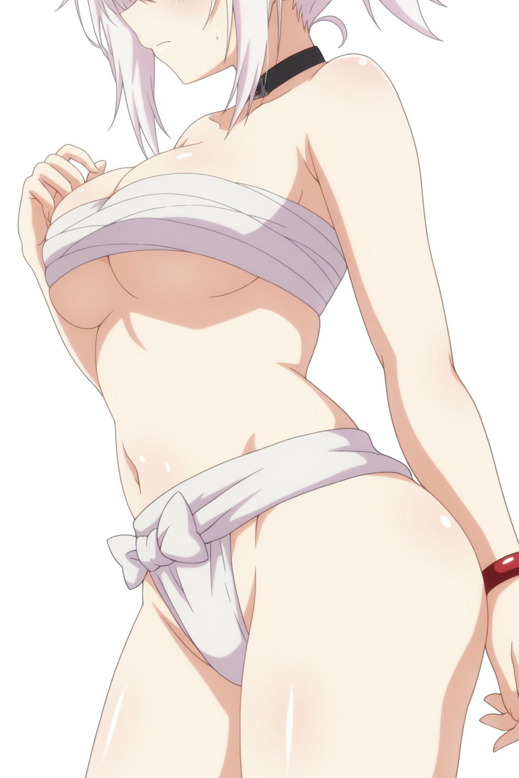 masterpiece, best quality, <lora:Matsuri_Kazamaki_Female:1>, matsuDS, 1girl, bracelet, breasts, chest sarashi, closed mouth, navel, sarashi, simple background, solo, thighs, white background