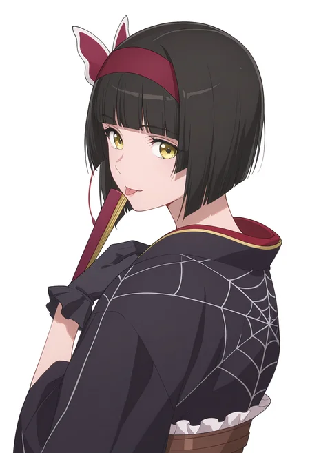 Smooth Quality,masterpiece, ultra realistic,
simple background, white background,
from behind,;p,hand on own shoulder,
 <lora:MioCnn:0.8> Mio/Cnn, 1girl, short hair, bangs, japanese clothes, kimono, yellow eyes, hairband, blunt bangs, black gloves, black hair, spider web print,butterfly hair ornament,folding fan,
