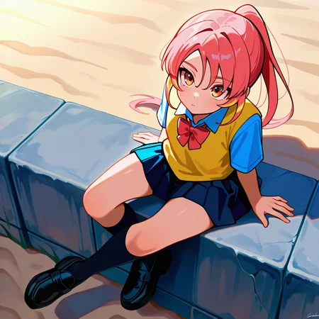 masterpiece, best quality, absurdres, ultra detailed eyes, safe
SH1N0HARASC001, school uniform, bowtie, miniskirt, yellow stripes, black shoes, 1girl, sitting, concrete, beach, sundown, looking up, cross-legged