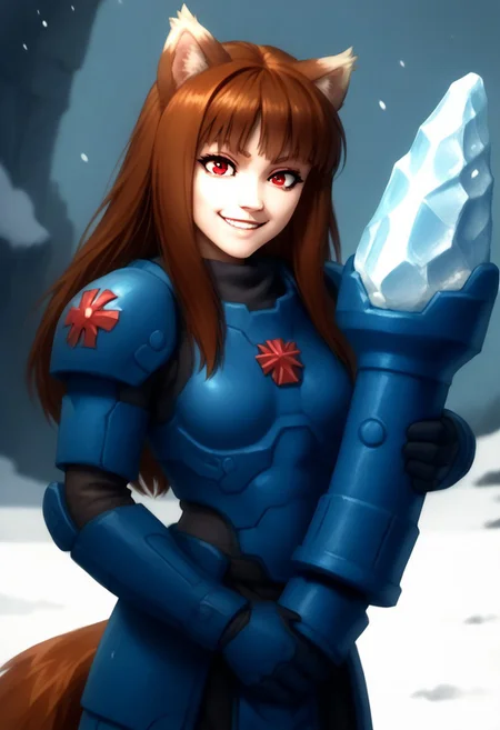 score_9, score_8_up, score_7_up, masterpiece, perfecteyes, holo, brown hair,long hair,red eyes, wolf girl,wolf ear,wolf tail, solo, , looking at viewer, detailed background, wearing power armor, spcwlf, 3/4 angle, proud smile, a bltgun bolter weapon, holding a bolter weapon in lift arm,  ice, snow, icy cavern, outdoors