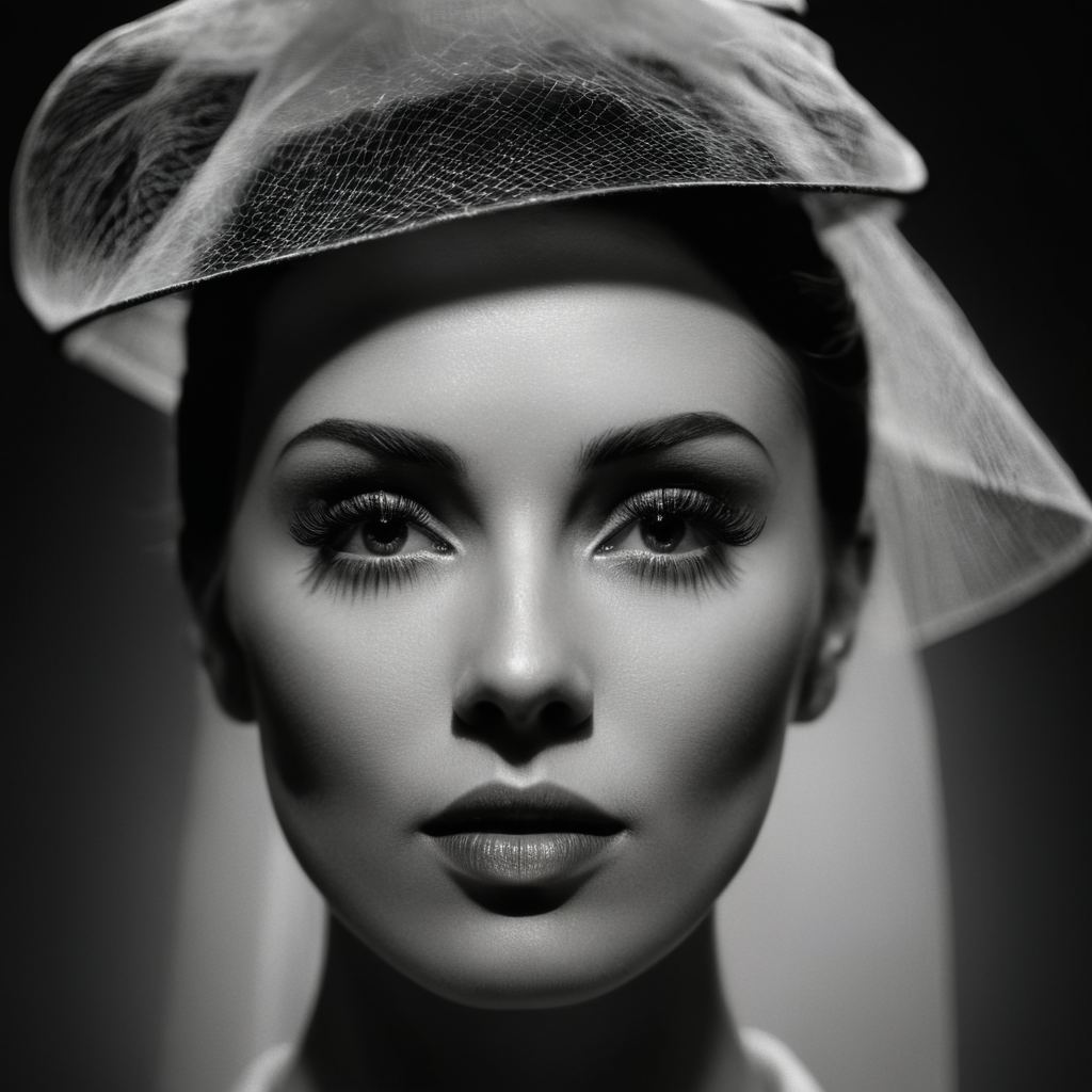 cinematic film still of  <lora:Butterfly Lighting style:1>
Butterfly lighting photography of a woman with a hat and veil on her head,1girl,solo,looking at viewer,short hair,simple background,closed mouth,monochrome,greyscale,lips,eyelashes,portrait , nose shadow, realistic, realism, photorealism, hyperrealism, hyperrealistic, realistic, sharp, detailed, cinematography style, film light style, movie still,  professional photography, artistic, perfection, contrast, cinematic, filmic, high quality photo,  8k quality, colorful, nose covered in shadow, photography style, butterfly lighting style, shallow depth of field, vignette, highly detailed, high budget, bokeh, cinemascope, moody, epic, gorgeous, film grain, grainy