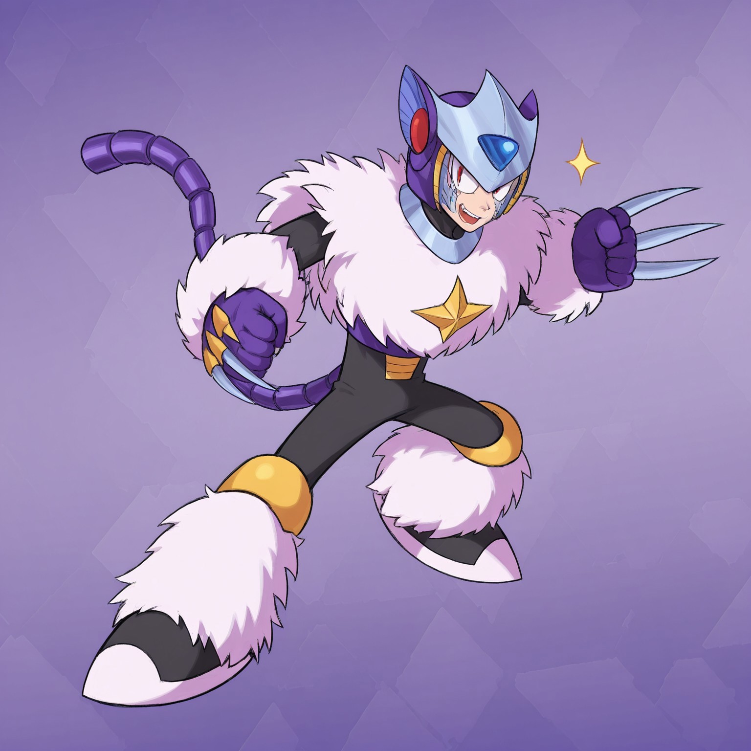 Solo, 2d, 1boy, MMPluto, male, android, humanoid, feline, cat-like ears, red inner ears, mechanical tail, fluffy, white fur pelt, fur trim, white fur, black arms, purple top, black bottoms, white and purple boots, helmet, red eyes, purple gloves, claws, 

BREAK fighting pose, full body, looking at viewer, open mouth smile, abstract background, sparkles,  confident

BREAK best quality, amazing quality, very aesthetic, absurdres, newest, masterpiece, high quality