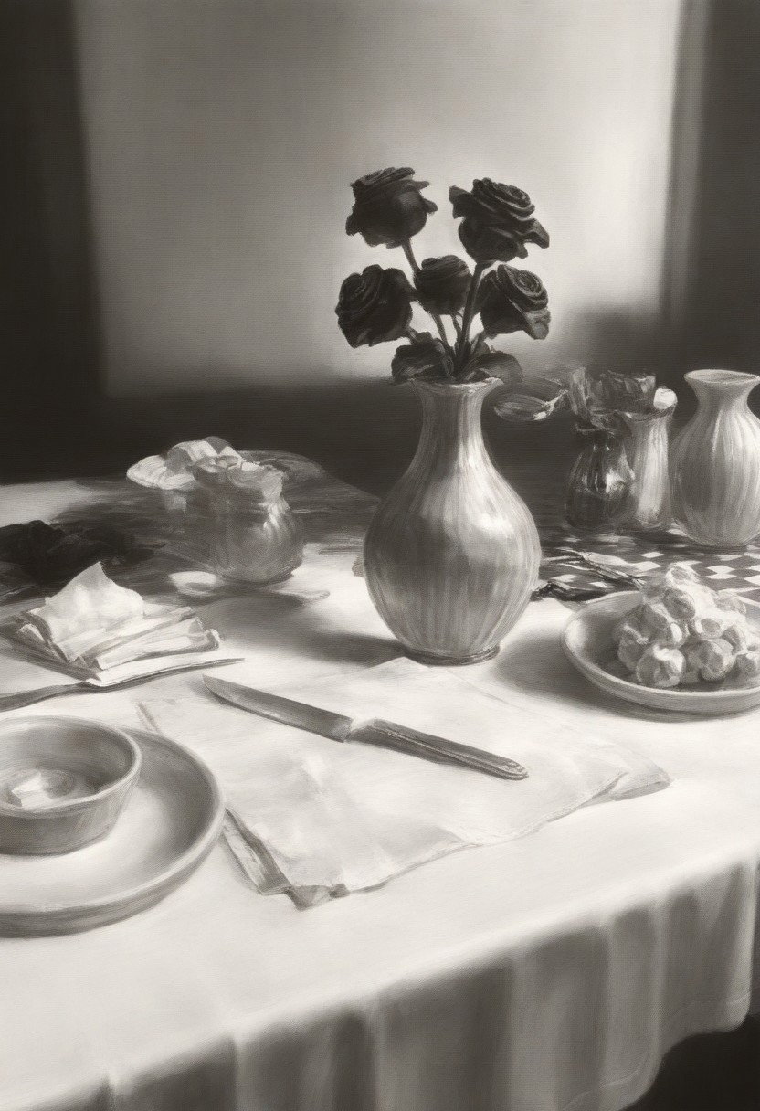 charcoal sketch, monochrome, masterpiece, high_quality, highres, best_quality, abstract, still life, no people, black roses, blue spiral vase, table, black and white checkered table cloth, crumpled white napkin, butter knife, sketch background, monochrome background, shadow, hint of blue shading