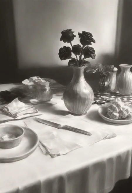 charcoal sketch, monochrome, masterpiece, high_quality, highres, best_quality, abstract, still life, no people, black roses, blue spiral vase, table, black and white checkered table cloth, crumpled white napkin, butter knife, sketch background, monochrome background, shadow, hint of blue shading