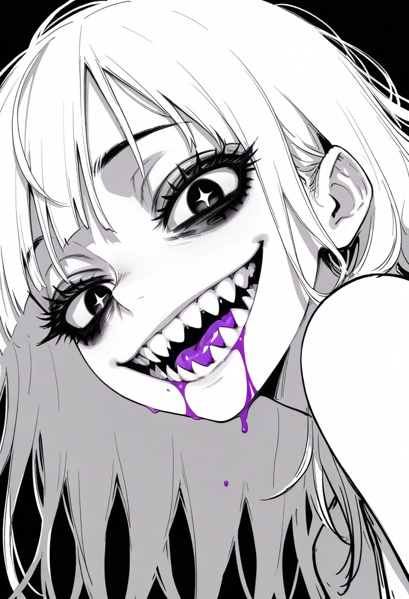 tfaix
Toga_Himiko
black eyes, bags under eyes,    
big eyes,  (black eyeshadow:0.8),  thick eyelashes, 
from side, monochrome, greyscale, simple background, black background, 
looking at viewer, looking down, (wild, crazy smile:1.2), solo, 1girl, close-up, perspective, (sharp teeth:1.2), purple liquid on mouth, purple liquid on face, half-closed eyes, + +,   black eyeliner, white hair,
masterpiece, best quality, amazing quality,
dark messy sketch, messy lineart, unfinished,
(horror \(theme\),:1.2)