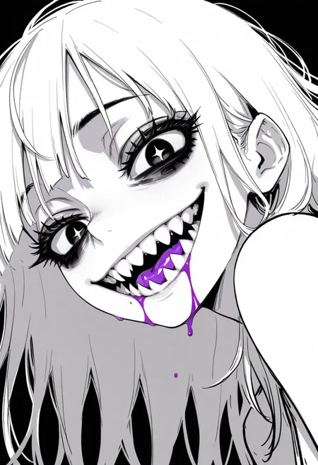 tfaix
Toga_Himiko
black eyes, bags under eyes,    
big eyes,  (black eyeshadow:0.8),  thick eyelashes, 
from side, monochrome, greyscale, simple background, black background, 
looking at viewer, looking down, (wild, crazy smile:1.2), solo, 1girl, close-up, perspective, (sharp teeth:1.2), purple liquid on mouth, purple liquid on face, half-closed eyes, + +,   black eyeliner, white hair,
masterpiece, best quality, amazing quality,
dark messy sketch, messy lineart, unfinished,
(horror \(theme\),:1.2)