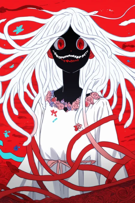 (score_9,score_8_up,score_7_up,),<lora:nadeko-000025:1>,nadeko white,white hair,long hair,red eyes,snake hair,white dress,(portrait:1.1),<lora:f3nn3rXLP:0.8>,f3nn3r,colourful,pink,blue,black,red,trippy,evil smile,