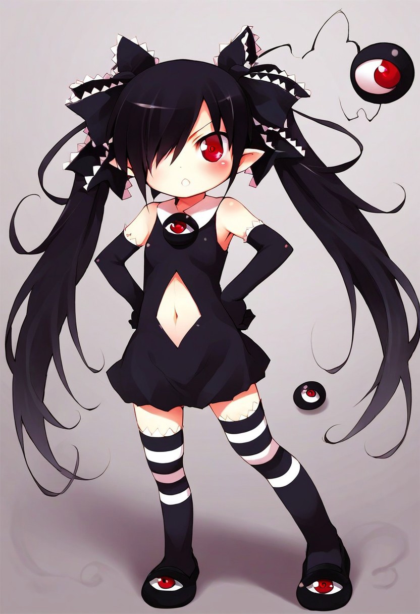 score_9, score_8_up, score_7_up, source_anime, best quality, absurdres, cute anime, beakotan, red eyes, black hair, twintails, hair over one eye, frills, pointy ears, ribbon, hair ribbon, black dress, shoulderless, black elbow gloves, eyeball brooch, thighhighs, navel, navel cutout, miniskirt, loafers, complex background, street, akihabara, hands on hips, floating eyeball, miasma