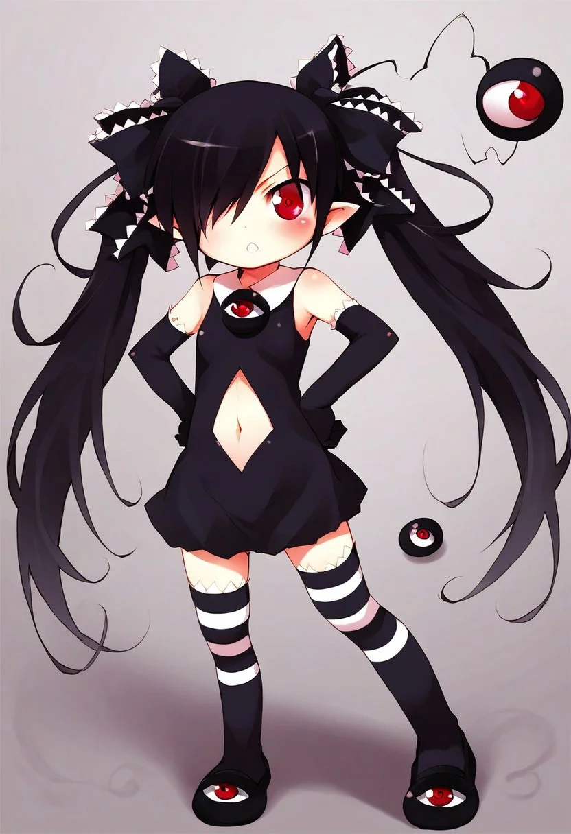 score_9, score_8_up, score_7_up, source_anime, best quality, absurdres, cute anime, beakotan, red eyes, black hair, twintails, hair over one eye, frills, pointy ears, ribbon, hair ribbon, black dress, shoulderless, black elbow gloves, eyeball brooch, thighhighs, navel, navel cutout, miniskirt, loafers, complex background, street, akihabara, hands on hips, floating eyeball, miasma
