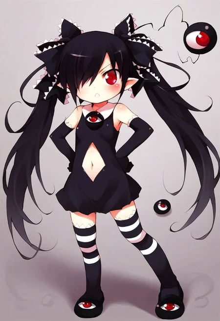 score_9, score_8_up, score_7_up, source_anime, best quality, absurdres, cute anime, beakotan, red eyes, black hair, twintails, hair over one eye, frills, pointy ears, ribbon, hair ribbon, black dress, shoulderless, black elbow gloves, eyeball brooch, thighhighs, navel, navel cutout, miniskirt, loafers, complex background, street, akihabara, hands on hips, floating eyeball, miasma