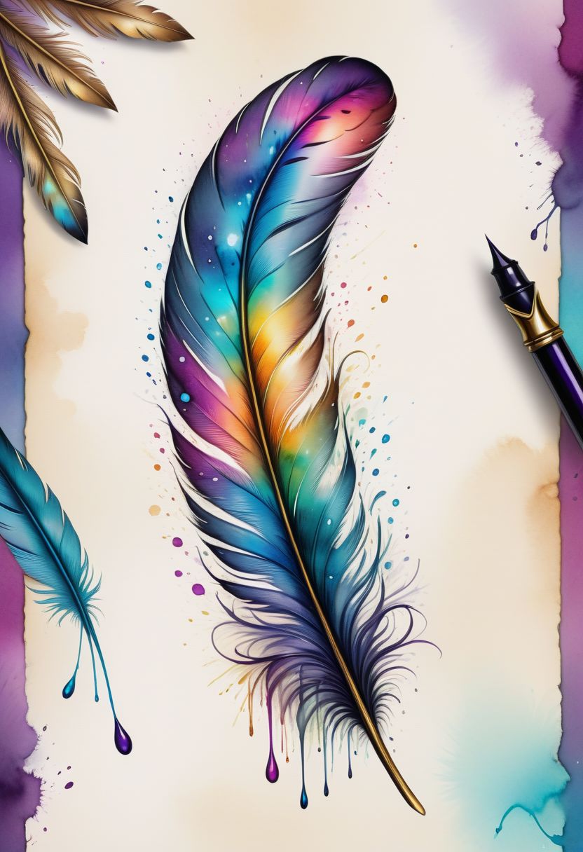 high quality fantasy art of a bird's feather, macro, vibrant colors, beautiful decorations, whimsical, magical, 8k, cinematic <lora:SDXLInkStains:0.6> Inkstains <lora:SDXLFaeTastic2400:0.5>