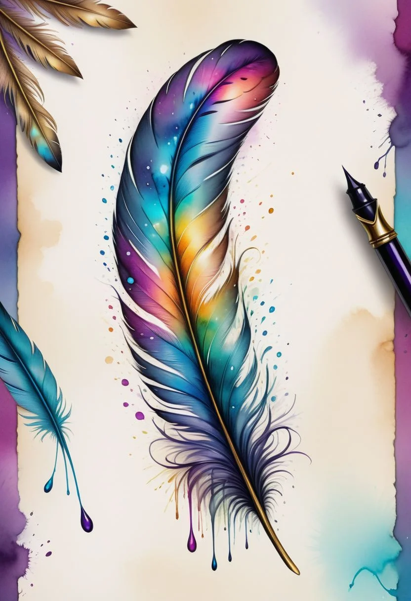 high quality fantasy art of a bird's feather, macro, vibrant colors, beautiful decorations, whimsical, magical, 8k, cinematic <lora:SDXLInkStains:0.6> Inkstains <lora:SDXLFaeTastic2400:0.5>