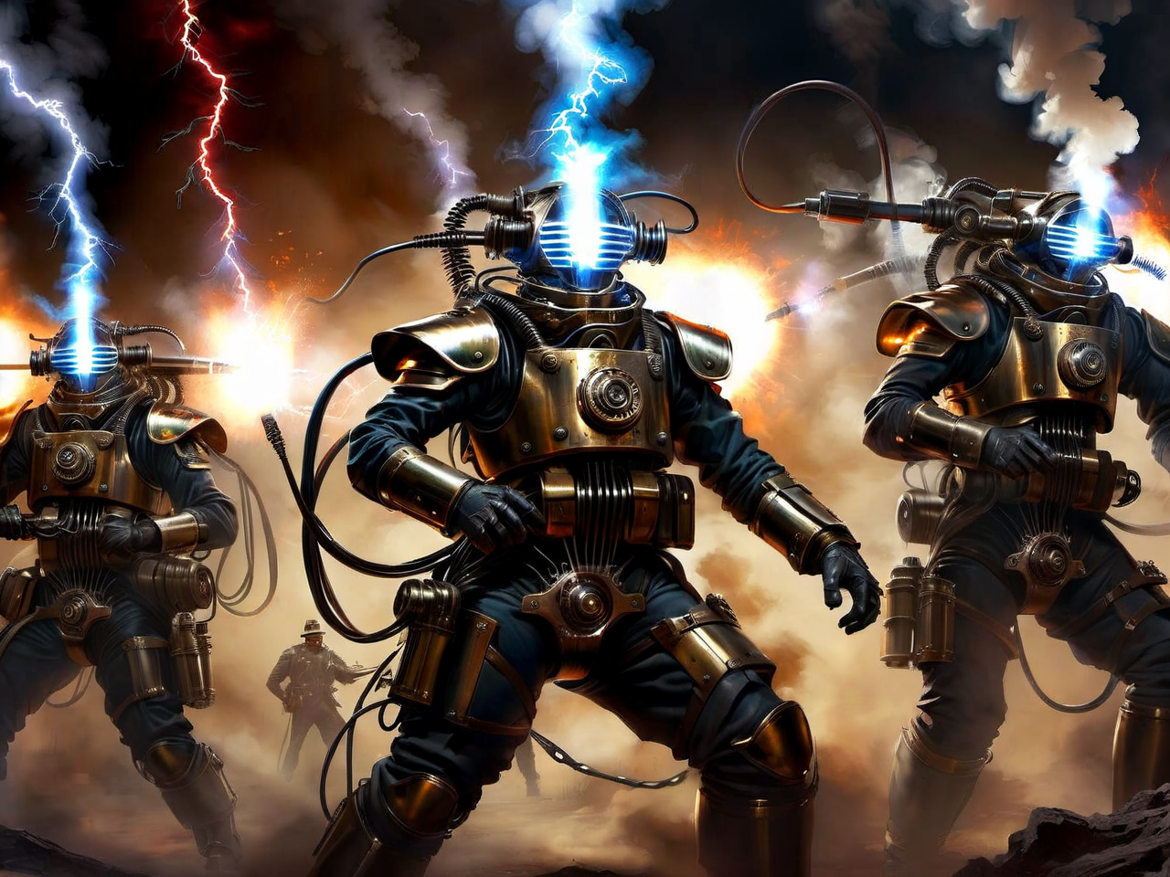 <lora:TechPunkAI:.7> TeslaPunkAI ,SteamPunkAI  soldiers, warfare, machinery  (Highly detailed, amazing retro-futuristic setting), (Shiny Impressive lighting), (Ultra Realistic, High quality, Highly detailed, Sharp focus, 8K UHD, Art photography), (trending on artstation)