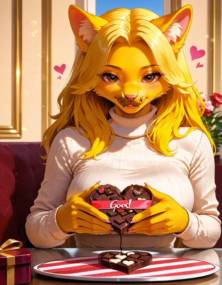 score 9,score 8,score 5 up,score 4 up,high quality,best quality,absurdes,light,detail,sharp,cinematic,
<lora:CMN(Pony)0.1v:1>,<lora:add-detail-xl:1>,
((Furry female)),solo,pretty eyes,beautiful face,collarbone,pretty hands,voluptuous,slender waist,midriff,legs,barefoot,
<lora:hand 4:1>,good hands,quality hands,better hands,paws,
turtleneck sweater,long sleeves,pants,
valentine,heart-shaped chocolate on table,chocolate bar,
better letters, best letters, good quality letters,