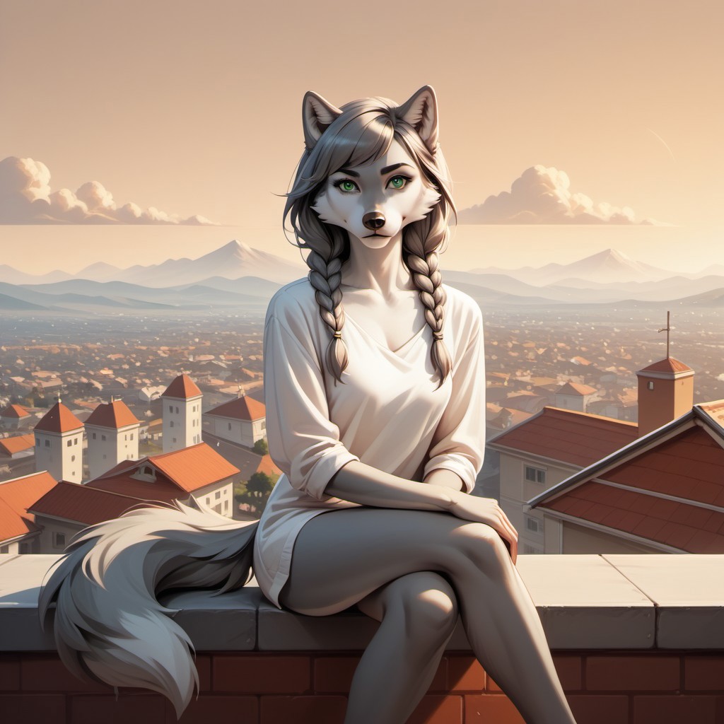 score_9, score_8_up, score_7_up, score_6_up, wlineartstyle, female Anthro wolf, White Cheeks, gray fur, green eyes, beautiful eyes, wolf tail, Gray Long Hair, Swept Bangs, Gray Twinbraids, sitting on a rooftop, golden hour, windy, ArsMJStyle,  Minimalism