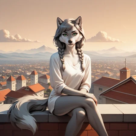 score_9, score_8_up, score_7_up, score_6_up, wlineartstyle, female Anthro wolf, White Cheeks, gray fur, green eyes, beautiful eyes, wolf tail, Gray Long Hair, Swept Bangs, Gray Twinbraids, sitting on a rooftop, golden hour, windy, ArsMJStyle, Minimalism