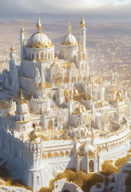 A white city from a far, traveler, castle, has golden decorations, detailed, 4k