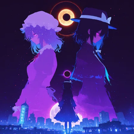 source_anime, high res image, masterpiece, perfect quality, best quality, absurdres, scenic, ultra detailed face, detailed eyes,
HDR,
2girl, multiple girls, multiple different girls, 
(side by side), (back-to-back), (split screen:1.2),
(1girl, usami renko, double exposure, silhouette, new moon, star),
(1girl, maribel hearn, double exposure, silhouette, full moon, solar eclipse),
photo background, real world location, Tokyo,
modern city, (buildings:1.2),
neon lights, high constant, light particles,
looking down,
r17329_illu, xxx667_illu, glowing