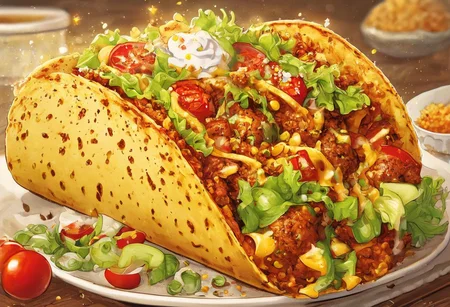 Taco, a crunchy shell filled with seasoned meat, lettuce, cheese, tomatoes, and sour cream, with a fun expression on the shell