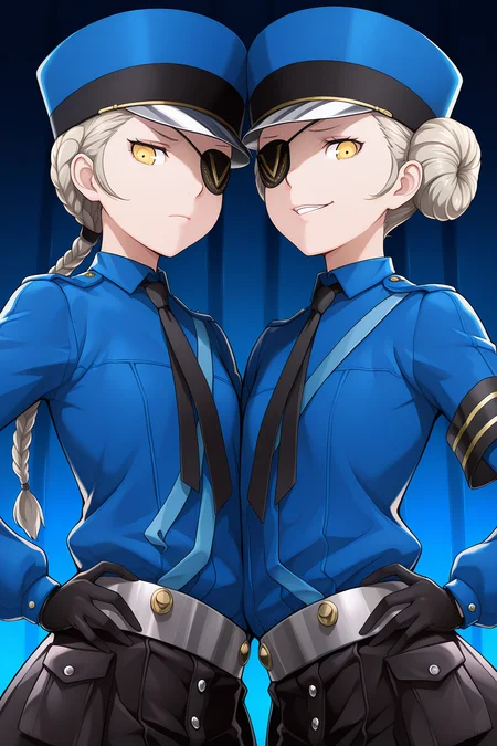 2girls,
CarolinePersona, JustinePersona,
general, side-by-side, dynamic angle, upper body,
eyepatch, eyepatch over the left eye, police hat,
blue shirt, black gloves, black necktie, grey belt, black shorts,
looking at viewer, yuri, pose, hand on own hip,
evil smile, frown,
blue theme, prison,
<lora:kp_CarolineAndJustinePersonaIllustrious_v1_0:1.0>,
masterpiece, best quality, amazing quality