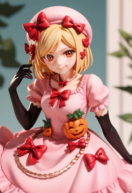 score_9, score_8_up, score_7_up, highres, absurdres, solo, 1girl, blush, smile, looking_at_viewer, Rambda, blonde hair, short hair, orange eyes, hair ornament, necklace, pink hat, pink gown, red bow, short sleeves, elbow gloves, striped kneehighs,