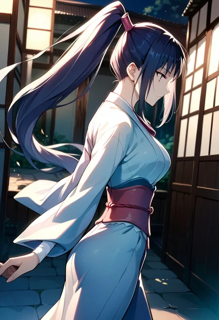 score_9,score_8_up,score_7_up,source_anime, Ayame Yomogawa,1girl,solo,long sleeves,japanese clothes,wide sleeves,kimono,from side,sash,profile,obi,