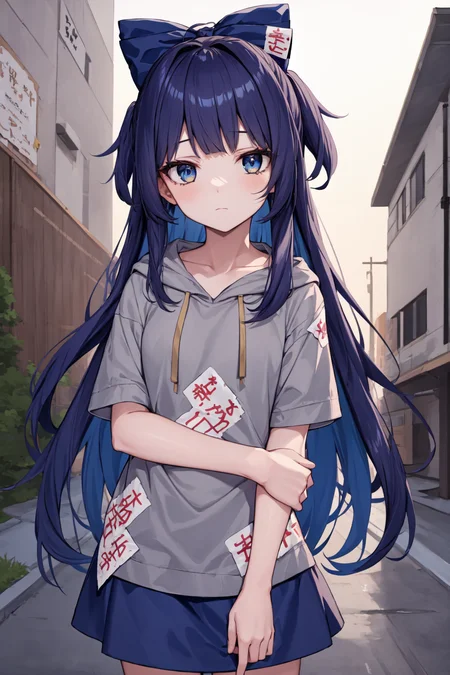 1girl, solo, yorigami shion, dark blue hair, very long hair, blue eyes, hair bow, grey hoodie, short sleeves, blue skirt, standing, looking at viewer, expressionless, outdoors