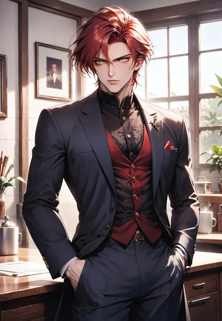cowboy shot, (solo), 1boy, motion lines, male focus, standing, 
masculine face, daddy looking face, masculine, handsome, red hair, yellow eyes, no beard,
Serious expression, 
Doctor coat, shirt, suit pants, slim body, narrow waist,
detailed face, detailed body, detailed eyes, perfect anatomy,
masterpiece,best quality,amazing quality,
<lora:cfg_scale_boost:0.2>, <lora:add-detail-xl:0.2>, <lora:NAI_QualityV1.1:0.2>,
Indoors, office
