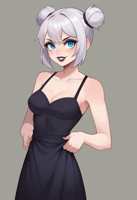 score_9, score_8_up, score_7_up, masterpiece, best quality, detailed face, detailed eyes, suizilla, cute, 1girl, slim, delicate features, sensual glare, smile, pale skin tone, blue eyes, makeup, dark lipstick, regal dressing, fur trimmed black dress, white hair with two buns, (hands down), BREAK half-sideways view, medium shot, BREAK simple background