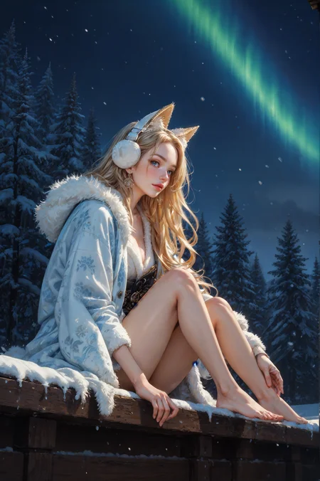 score_9, score_8_up, score_7_up,  1girl, from below, (masterpiece, best quality, detailed, high definition, aesthetic, vibrant colors), (1girl:1.2), (sitting on a block of ice, fur coat), arctic, glacier, starry night, (aurora), snow, snowing, ice, cold, blizzard, (icebergs), (fluffy), ear muffs, fox ears, BREAK,  highly detailed,  (realistic, concept art), shiny jewelry, gem earrings, long hair,   LAassunity, kimono,
<lora:LAassunityXL:0.75> <lora:hand 4:0.3>  <lora:gr33nXLP:0.8> gr33n, plant, flower,  <lora:Expressive_H:0.8> Expressiveh