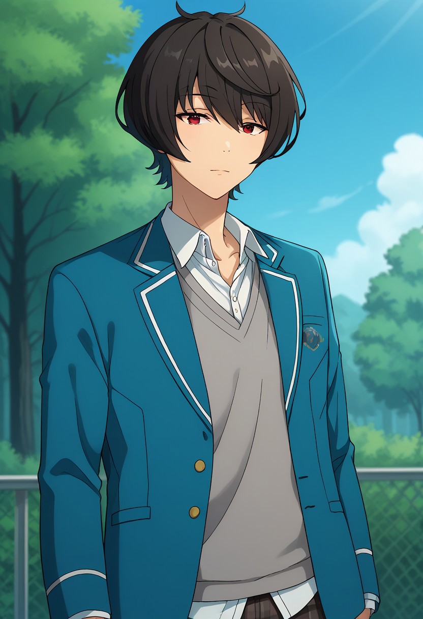 score_9, score_8_up, score_7_up, source_anime, highly detailed, 
ritsusakuma, 1boy, male focus, plaid pants, solo, school uniform, black hair, pants, jacket, blazer, plaid, looking at viewer, red eyes, 
standing, open jacket, blue jacket, vest, grey vest, shirt, white shirt,
upper body, sky, tree,