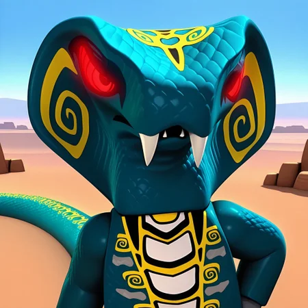 Skales, Hypnobrai, serpentine, snake, small mouth, cobra hood, yellow spirals on hood, teal scales, white yellow light grey and black body markings, head markings, body markings, long tail, very long tail, tail markings, no legs, apode, grey hands, fangs, red glowing eyes, dark red pupils, spirals in eyes, dark eye liner, pointed teeth, 2 fangs, short neck, solo, male, 1boy, no humans, 3D, volumetric lighting, perfect lighting, detailed scales, shiny scales, masterpiece, best quality, amazing quality, very aesthetic, absurdres, newest, high quality, hand on hip, unamused, half lidded eyes, annoyed, looking at viewer, desert, rocks, sandy, sand, sky, blue sky, close up, bust, photo, posing