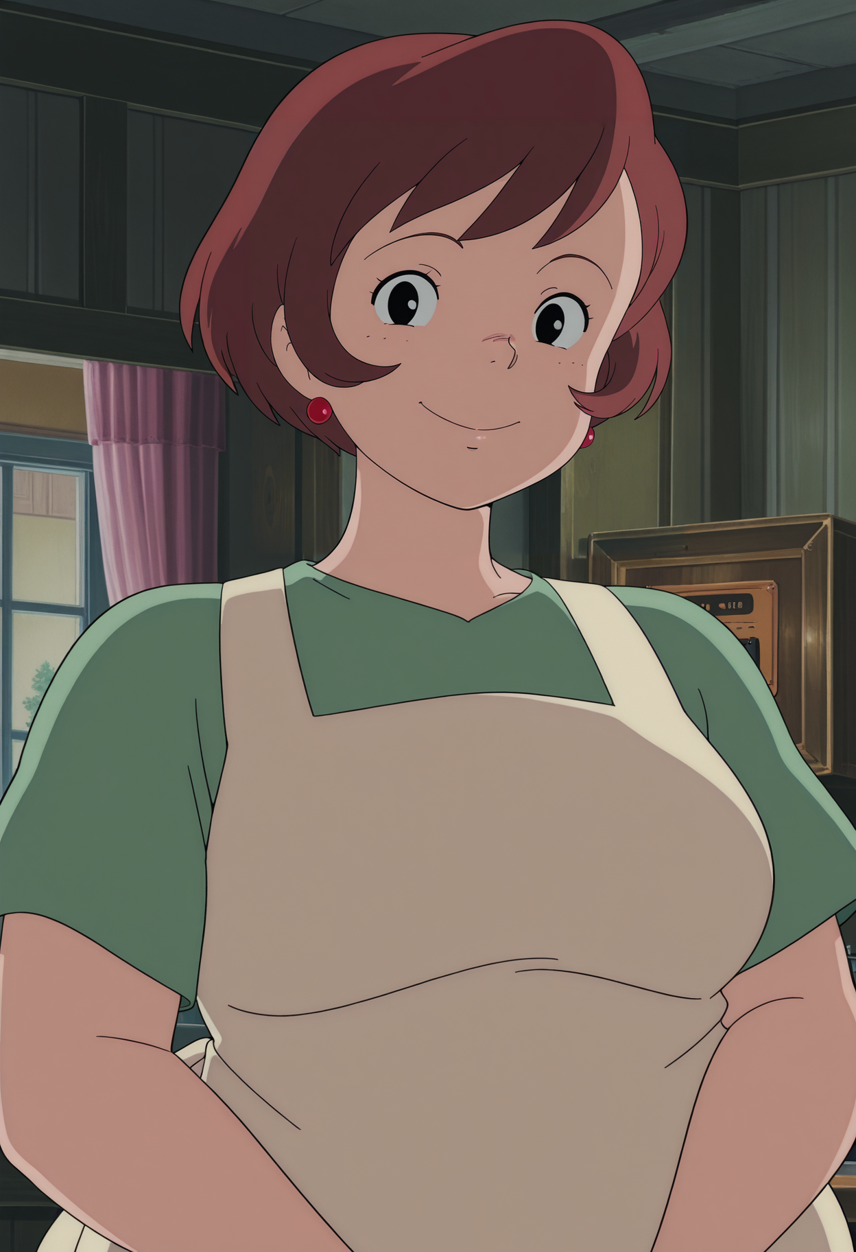 1girl,solo,mm,mature female,short hair,brown hair,black eyes,earrings,anime coloring,
dress,apron,upper body, looking at viewer, smile,indoors
,masterpiece,best quality,amazing quality,<lora:Osono-Kikis_Delivery_Service_ix:0.8>